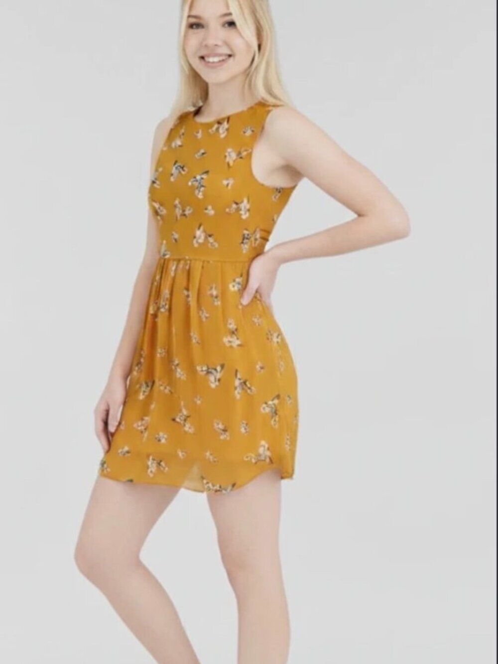 Everly Mustard Yellow Ditsy Floral Fit Flare Dress Size Small